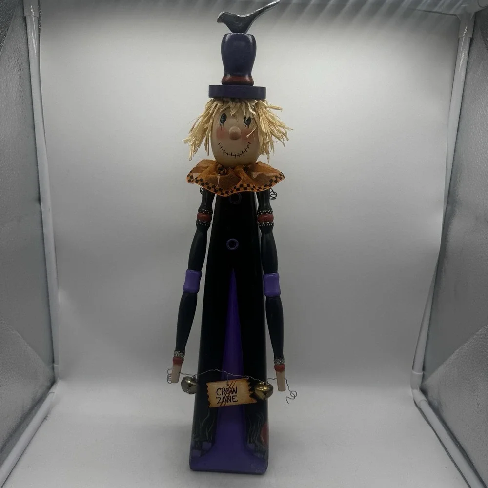 Halloween Scarecrow Crow Zone Figure Hand Painted Wood Articulated Arms Vtg Sign